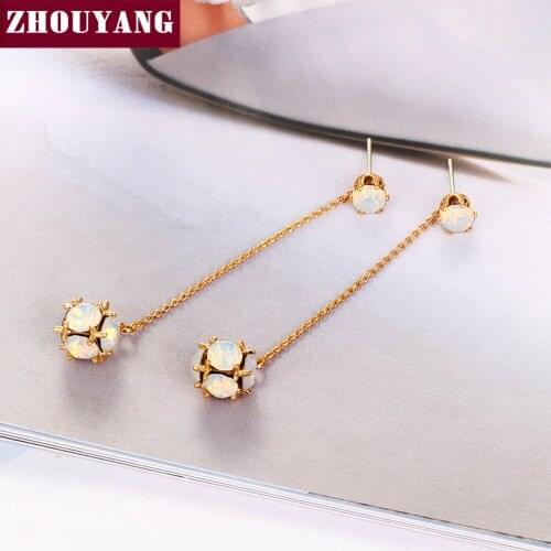 ZHOUYANG Long Earrings For Women Crystal Ball Rose Gold Color Party Fashion Jewelry Drop Earrings Brithday Gift E708 E709