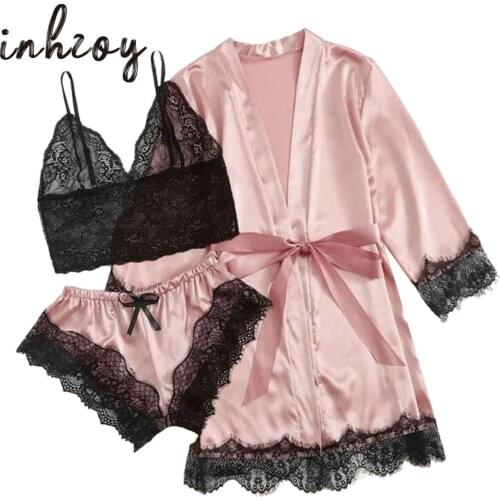 3Pcs Women Sleepwear Floral Lace Trim Satin Cami Pajama Set with Robe
