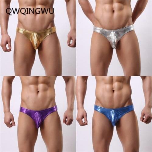 4PCS Briefs Sexy Men Underwear Stretch Slim Imitation Leather Pants Gold Silver Pouch Briefs Underwear Shorts Men Gay Underwear