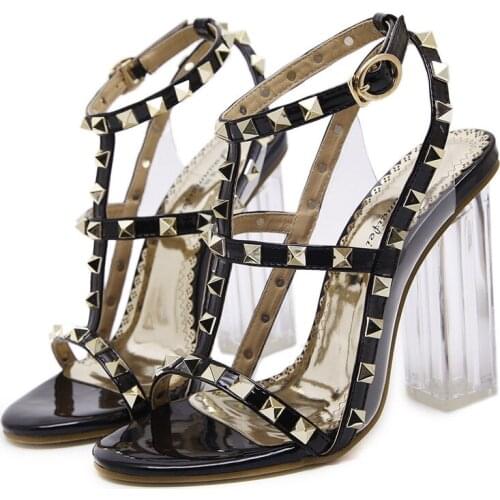 Women Bling Elegant Buckle Womens Sandals Solid PU Fashion Rivets High Heels Sandals Women Cut-Outs Party Shoes Crystal heel
