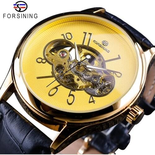 Forsining Classic Royal Skeleton Design Golden Case Transparent Open Work Men Clock Watch Top Brand Luxury Mechanical Wristwatch