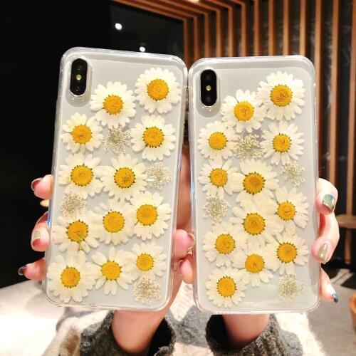 Real Dry Daisy Flowers For iPhone 11 Pro Max XR XS Max 7 8 Plus Case Epoxy Clear Soft Covers Fundas For iPhone 6 6S Phone Coque