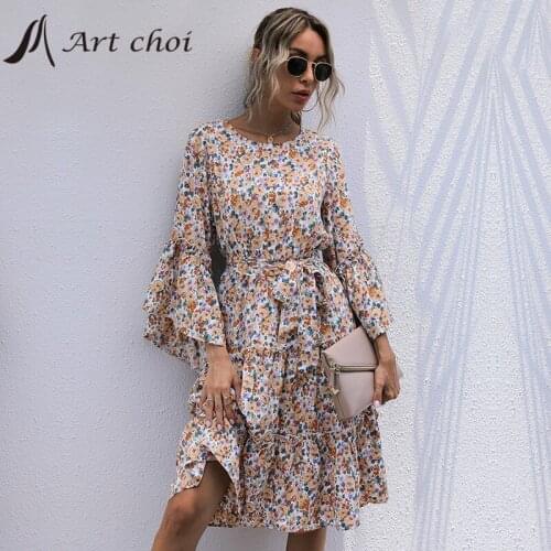 Elegant Women Ruffles Dress Summer Casual Floral Print A Line Flare Sleeve High Waist Ladies Beach Boho Belt Party Midi Vestido
