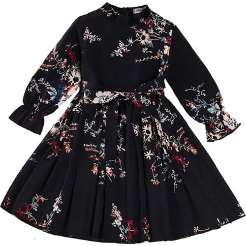 Classic Floral Child Girl Dress Spring Long Sleeve Chiffon Pleated Dresses 1-6 Year Infant New Years Costume