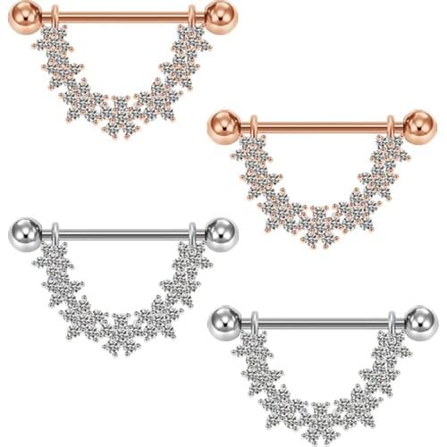 2 Pairs 14G 16mm Stainless Steel Nipple Rings Piercing Body Jewelry Barbell CZ Flower Shape Rings for Women Girls