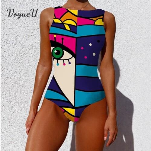 Abstract Human Face Print One-Piece Swimsuit Female Swimwear Push Up Sleeveless Beach Swim Wear Suit Abstract Eyes Printed 2021