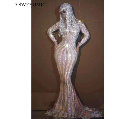 Flashing Multi-color Rhinestone Sequin Long Dress Birthday Celebrate Mermaid Outfit Women Dancer Prom Spandex Sexy Evening Stage