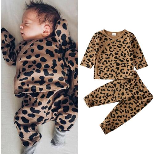 Fashion Baby Girls Leopard Printed Clothes Casual Infant Baby Girl Boy Button Tops Long Pants Sleepwear Outfits New Born Clothes