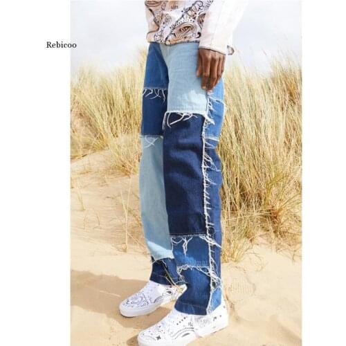 Mens Straight Jeans Trousers Fashion Vintage Frayed Patchwork Color Block Denim Pants Men Trousers Ripped Bottoms Hip Hop Wear