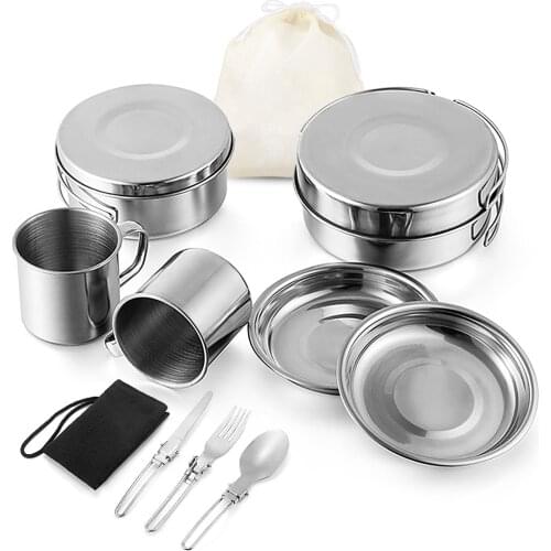 6pcs / 8 pcs Stainless Steel Pots Cookware Set with Foldable Fork Spoon Cutter for Picnic Camping Hiking Fishing Backpacking