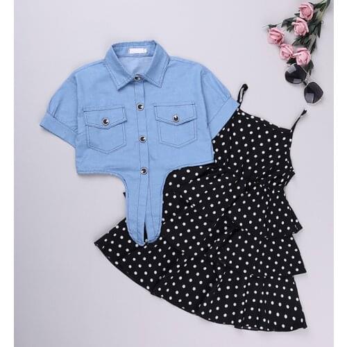 New Spring &Summer Girls Clothing Set Sling Polka Dot Dress+Denim Short Sleeve Coat Top 2PCS Suit Girls Clothing