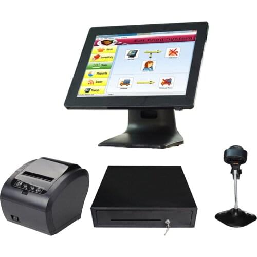 Whole set Point of Sales 15 inch touch screen POS System all in one for retailers cash register printer fanless POS terminal