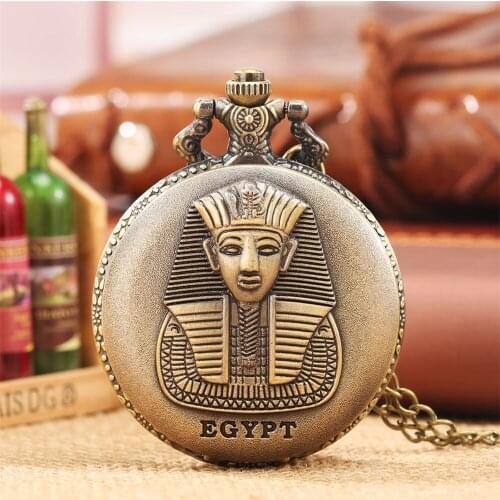 Relief Egyptian Pharaoh Quartz Necklace Watch Bronze Chain Retro Pendant Souvenir Pocket Watches Gifts Men Women