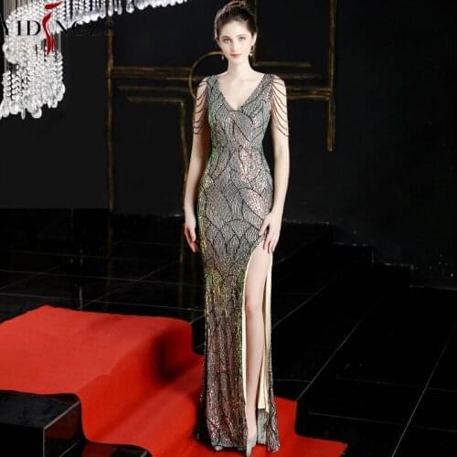 YIDINGZS Sexy Slit Sequins Long Evening Dress Womens V-neck Beading Evening Party Dress YD16596