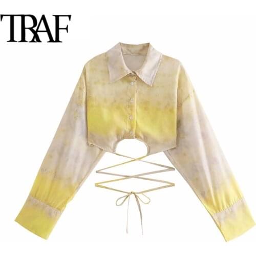 TRAF Women Fashion With Tied Tie dye Print Cropped Blouses Vintage Lapel Collar Long Sleeve Female Shirts Chic Tops