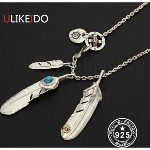 Solid 925 Sterling Silver Feather Necklace For Men Vintage Turquoise Charms Eagle Pendant Chain New Fine Jewelry P25