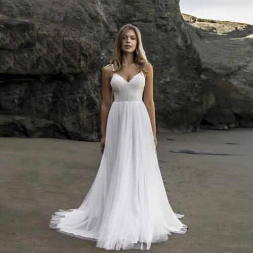Outdoor Wedding Dresses For Women Spaghetti Straps Top Lace Tulle A-line Sweep Train Wedding Gowns vestido de noiva