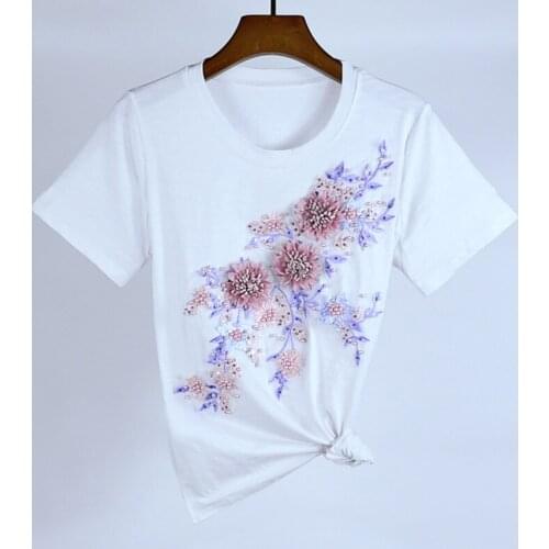 2021 Summer Loose O-Neck 3D Beading Flower Embroidery Plus Size Women T-shirt Short Sleeve White Cotton Casual T Shirts Tops 2XL