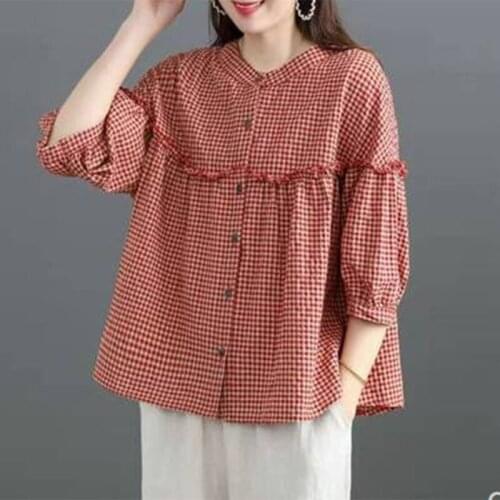 Women Summer Cotton Linen Casual Shirts New Arrival 2021 Summer Vintage Stand Collar Loose Female Half Sleeve Plaid Tops S4058
