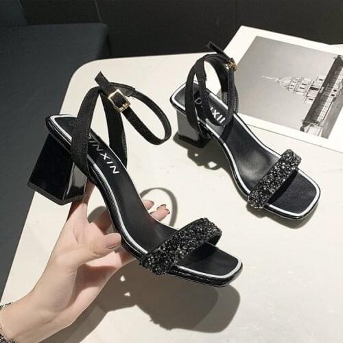 Free Shipping -2021 Summer New Style Square Head Thick Heel Sequins Fairy Style Fashion High Heel Sandals Women