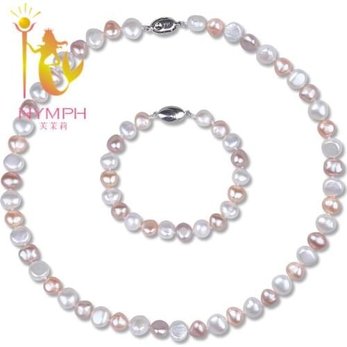 [NYMPH]Genuine Baroque Pearl Jewelry Set For Women Real Fresh Water Pearl Choker Necklace Bracelet Wedding Party Gift [T212]