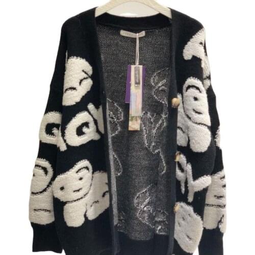 Lazy Style 2021 Bear Black Knit Cardigan Womens Fall and Winter Wear Loose Sweater Coat New Female Long Sleeve Sweater Cardigan