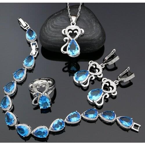 925 Silver Bridal Jewelry Sets For Women Sky Blue Cubic Zirconia Monkey Earrings Pendant Ring Bracelet Necklace Set