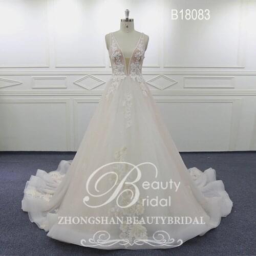 Beautybridal Elegant Flowers Lace Wedding Dress Sleeveless V-neck Wedding Gown Court train Vestido de noiva Bride dresses B18083