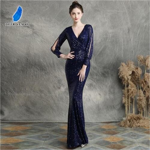 DEERVEADO Evening Dress Long Sleeves Formal Dress Evening Party Dresses Sexy Deep V Neck Sequins Evening Gown K16255