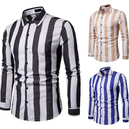 2019 New Men Business style Long Sleeve Square Collar Stripe Print Shirts Fashion Slim fit Party Wedding dress Men Casual shirt