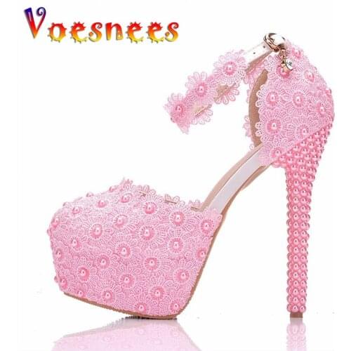 2021 Sexy Lace Floral Women Bridal Shoes Pumps Fashion Pearl High Heel 14CM Platform Shoes Round Toe Ladies Party Shoes Wedding
