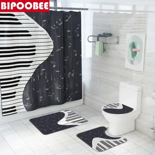 Black and White Piano Keys Shower Curtains Music Pattern Bath Mats Sets Non-Slip Rug Toilet Seat Cover Bathroom Bathtub Curtain