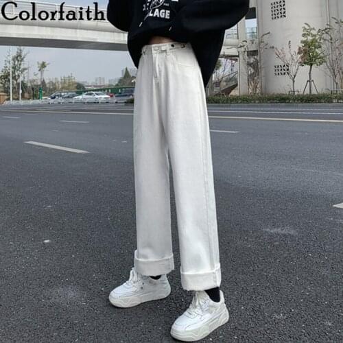 Colorfaith New 2021 Spring Autumn Women Pants High Waist Straight Pockets Thicken Oversize Wide Leg Ankle-Length Trousers P805
