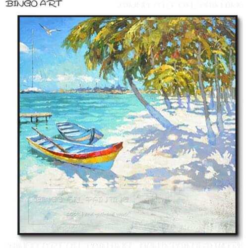 Skilled Artist Hand-painted Beautiful Seaside Boat Oil Painting on Canvas Beautiful Blue Sea and Beach Landscape Oil Painting