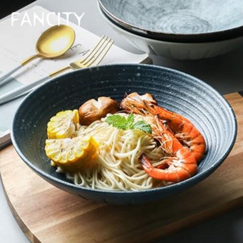 FANCITY Japanese style ceramic bowl embossed ramen bowl home soup bowl noodle bowl salad bowl large vegetable bowl retro tablewa