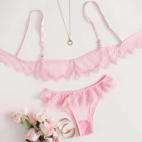 Erotic Lingerie Sets Bra Pink Sexy Sleeveless+ Lace Up Thong Briefs Underwear Pajamas for Women Bielizna Damska Drop Shipping