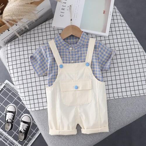 Summer Baby Clothes Suit Children Boys Plaid Shirt Overalls 2Pcs/sets Toddler Formal Clothing Infant Kids Tracksuits