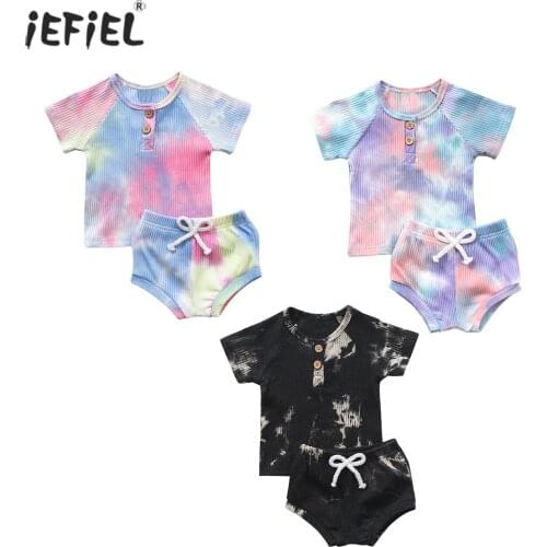 Summer Newborn Baby Boys Ribbed Knitted Clothes 2Pcs Sets Short Sleeve Tie Dye T-shirt+Shorts Outfits Toddler Girls Tracksuits