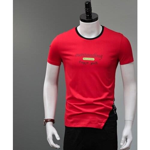 Fashion Patchwork Irregular Red T Shirt Men Letter Printed O-Neck Short Sleeve T-Shirts Mens Summer Cotton Slim Fit Tshirt S-4XL