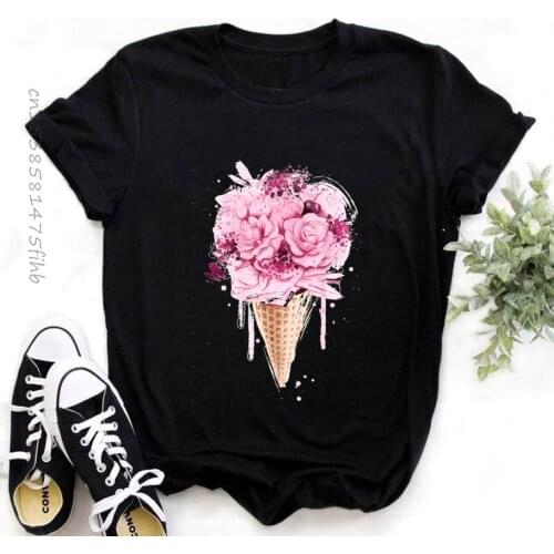 Premium O Neck Women Flower Ice Cream Fashion Lady T-Shirts Ladies Womens Graphic Female Tee T-Shirt