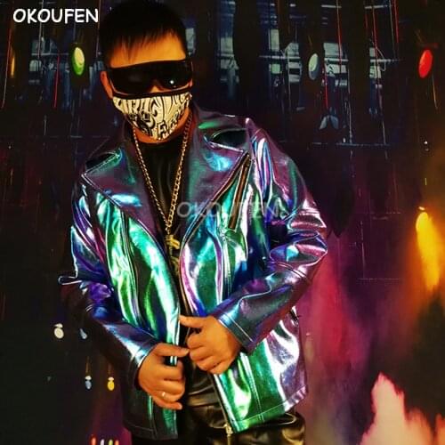 Mens Cool Colorful Motorcycle laser Leather Jacket nightclub male singer DJ bar hairdresser stage costume dance outwear