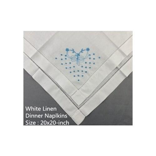 Set of 12 Fshion Handkerchiefs White linen Hemstitched Table Napkin 20x20-inch Ladder Embroidery Flower Dinner Napkins