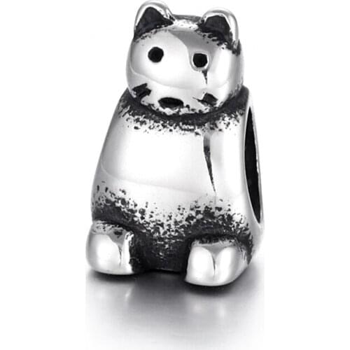 Stainless Steel Cat Bead Polished 5mm Hole Metal European Beads Animal Charms for DIY Jewelry Making Accessories