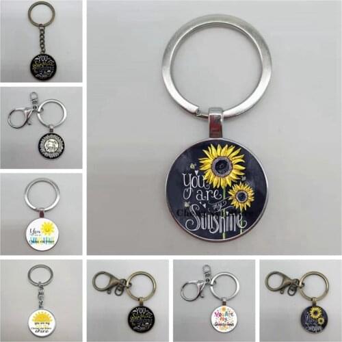 New keychain, you are my sunshine convex round glass pendant keychain, male and female keychain gift