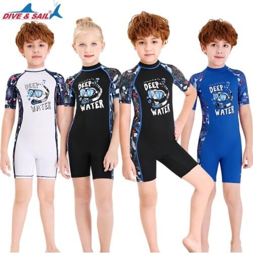 New Childrens Swimsuit One Piece Printed Diving Suit Short Sleeve Sun Block Quick-dry Wetsuit Swimming Suit Vacation Partner
