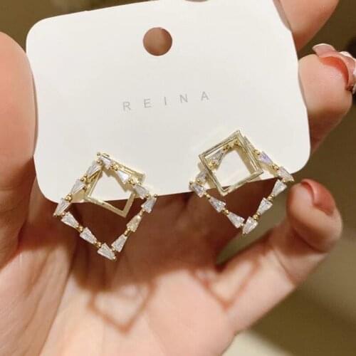 New Design 14K Gold Plated Simple Style Geometric Stud Earrings for Women Luxury Zircon Hollow Square Earrings