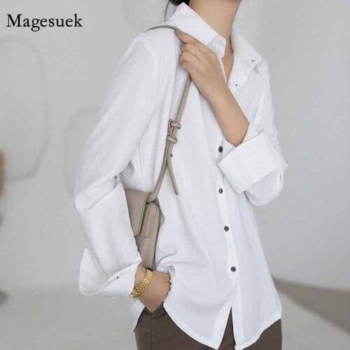 Autumn New Elegant All-match White Shirts Top Turn-down Collar Long Sleeve Office Ladies Solid Chic Button Up Women Blouse 12614