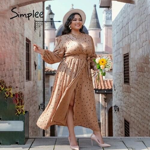 Simplee Holiday polka dot v-neck A-line women dress plus size Elegant long puff sleeves vintage wrap dress Female sash vestido
