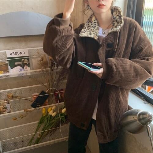 Casual Jacket Female Outwear Elegant Tops 2021 New Winter Leopard Patchwork Women Coat Corduroy Warm Loose