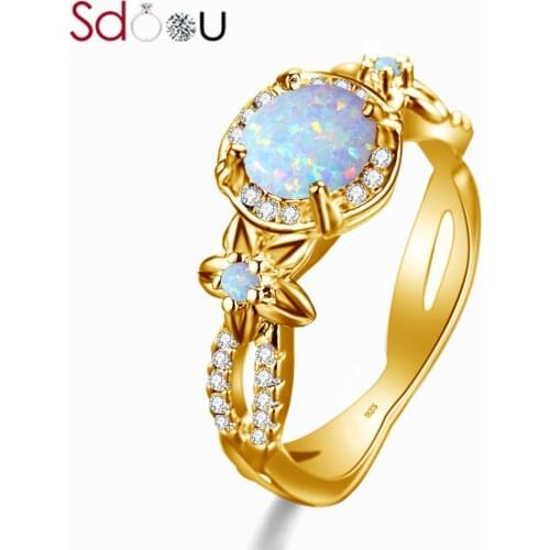 SDOOU 925 Sterling Silver Ring For Women Undefined Gemstones Opal Rings Round Cut Diamond With Flower Bohemia 14K Gold Jewelry